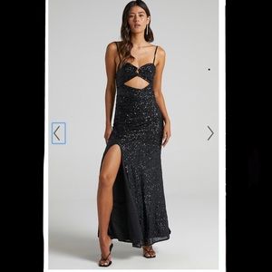 showpo VEE VEE SEQUIN MAXI DRESS IN BLACK SEQUIN